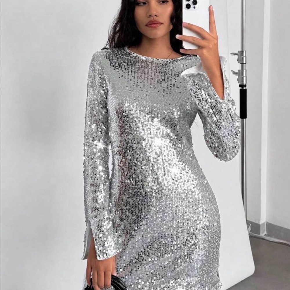 SHEIN Silver Sequin Long Sleeve Dress
